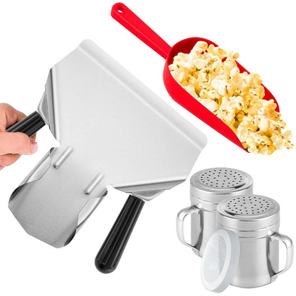Double Handle Concession Popcorn Scoop + 16 oz Red Popcorn Plastic Scoop + [2-pcs] 10 oz Dredge Shakers Bundle V1259-DP01-F-511