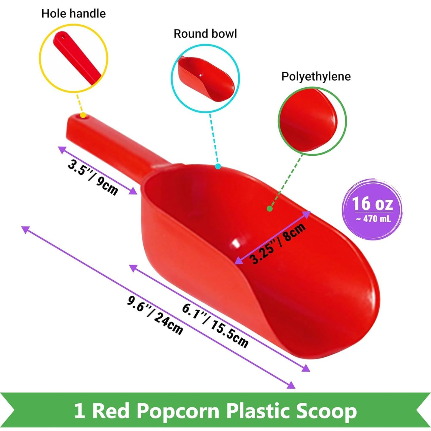 Double Handle Concession Popcorn Scoop + 16 oz Red Popcorn Plastic Scoop + [2-pcs] 10 oz Dredge Shakers Bundle V1259-DP01-F-511