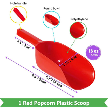 Double Handle Concession Popcorn Scoop + 16 oz Red Popcorn Plastic Scoop + [2-pcs] 10 oz Dredge Shakers Bundle V1259-DP01-F-511