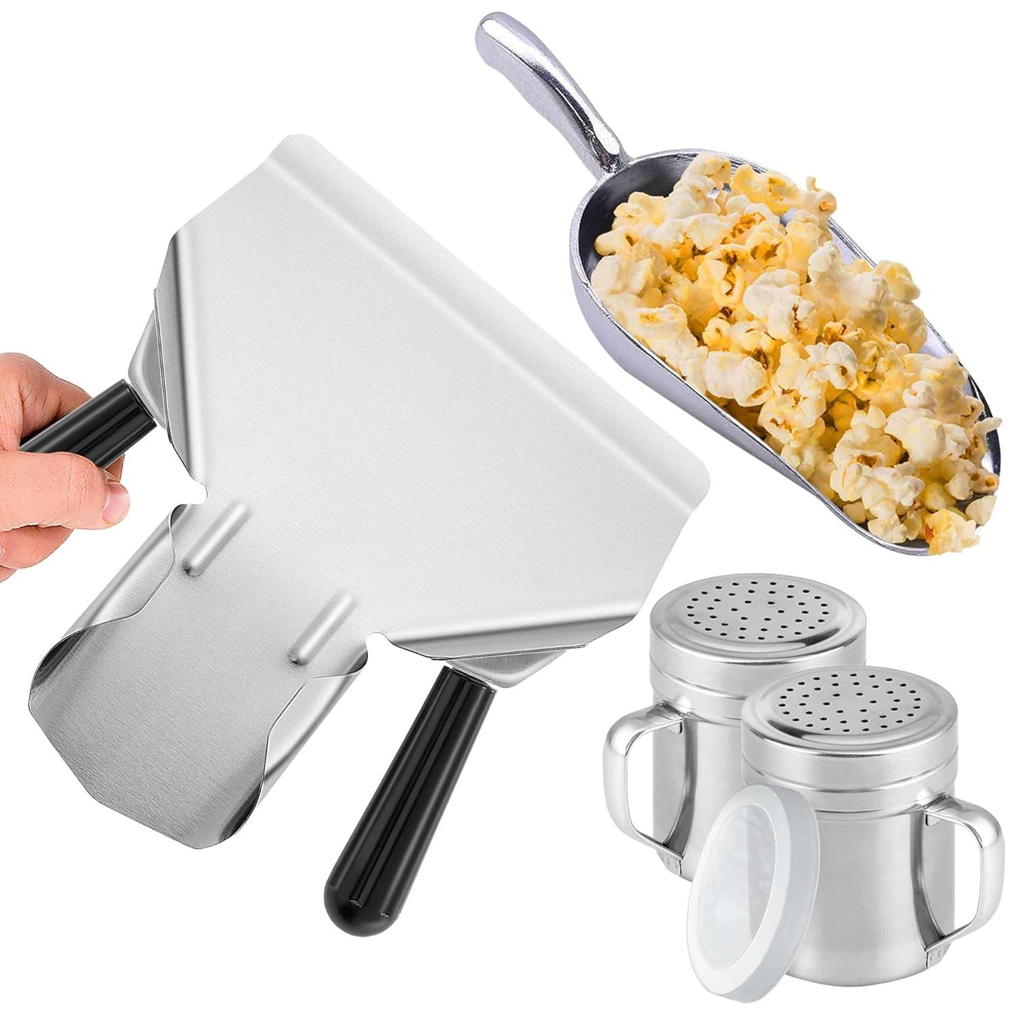 Double Handle Concession Popcorn Scoop + 12 oz Aluminium Popcorn Scoop + [2-pcs] 10 oz Dredge Shakers Bundle V1259-DP01-F-512