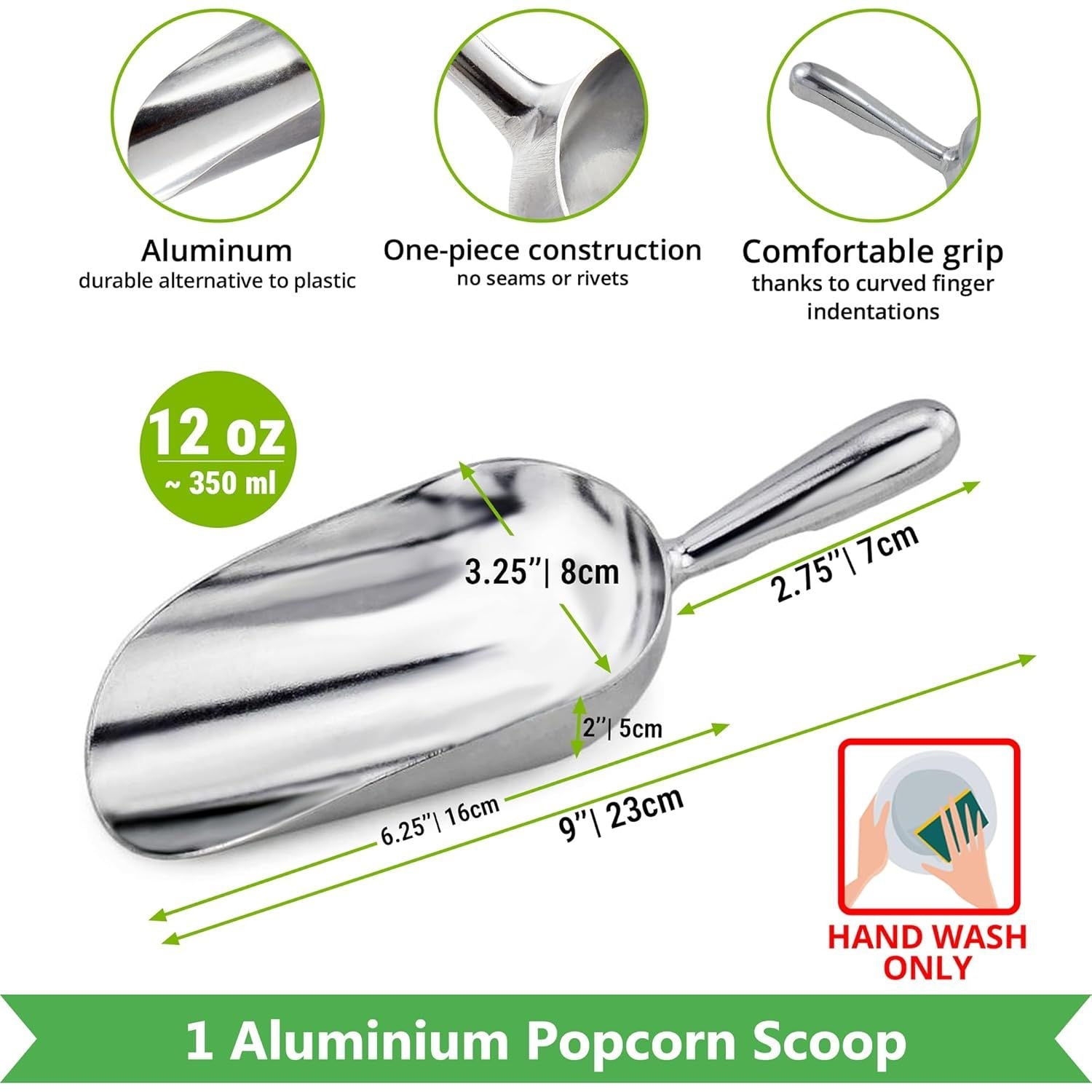 Double Handle Concession Popcorn Scoop + 12 oz Aluminium Popcorn Scoop + [2-pcs] 10 oz Dredge Shakers Bundle V1259-DP01-F-512
