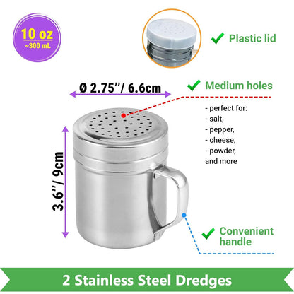 Double Handle Concession Popcorn Scoop + 12 oz Aluminium Popcorn Scoop + [2-pcs] 10 oz Dredge Shakers Bundle V1259-DP01-F-512
