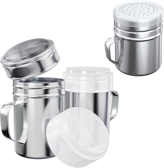 [2-pcs] 14 oz Powdered Sugar Shakers + [1-pc] 10 oz Stainless Steel Salt Pepper Dredge Shaker - All with V1259-DP01-F-518