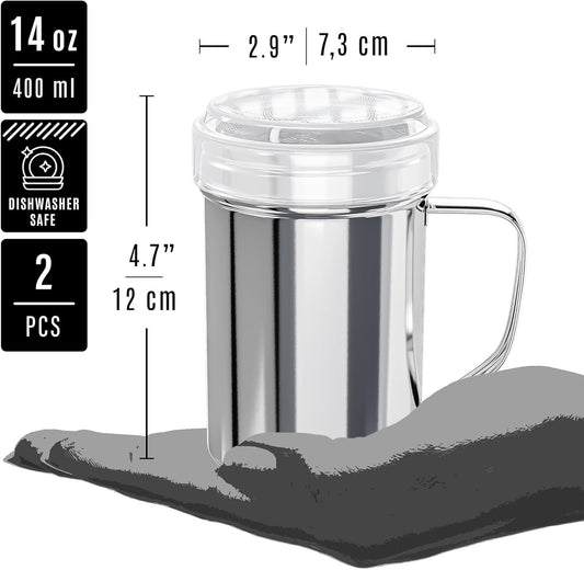 [2-pcs] 14 oz Powdered Sugar Shakers + [1-pc] 10 oz Stainless Steel Salt Pepper Dredge Shaker - All with V1259-DP01-F-518