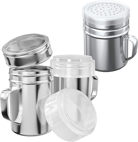 [2-pcs] 10 oz Powdered Sugar Shakers + [1-pc] 10 oz Stainless Steel Salt Pepper Dredge Shaker - All with V1259-DP01-F-520
