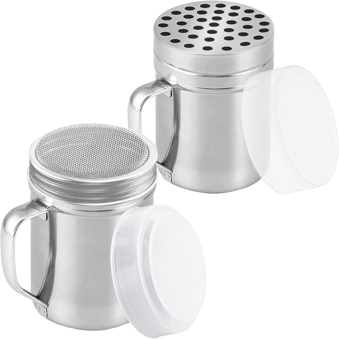 6 oz Powdered Sugar Shaker Duster + 6 oz Metal Parmesan Cheese Shaker (Large Holes) - All with Plastic Caps V1259-DP01-F-521
