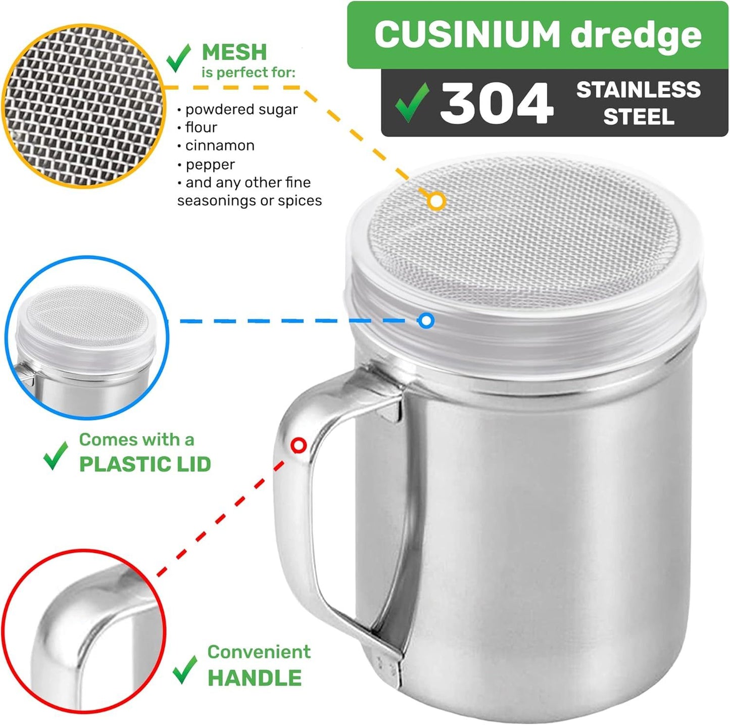 6 oz Powdered Sugar Shaker Duster + 6 oz Metal Parmesan Cheese Shaker (Large Holes) - All with Plastic Caps V1259-DP01-F-521