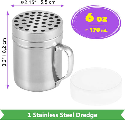 6 oz Powdered Sugar Shaker Duster + 6 oz Metal Parmesan Cheese Shaker (Large Holes) - All with Plastic Caps V1259-DP01-F-521