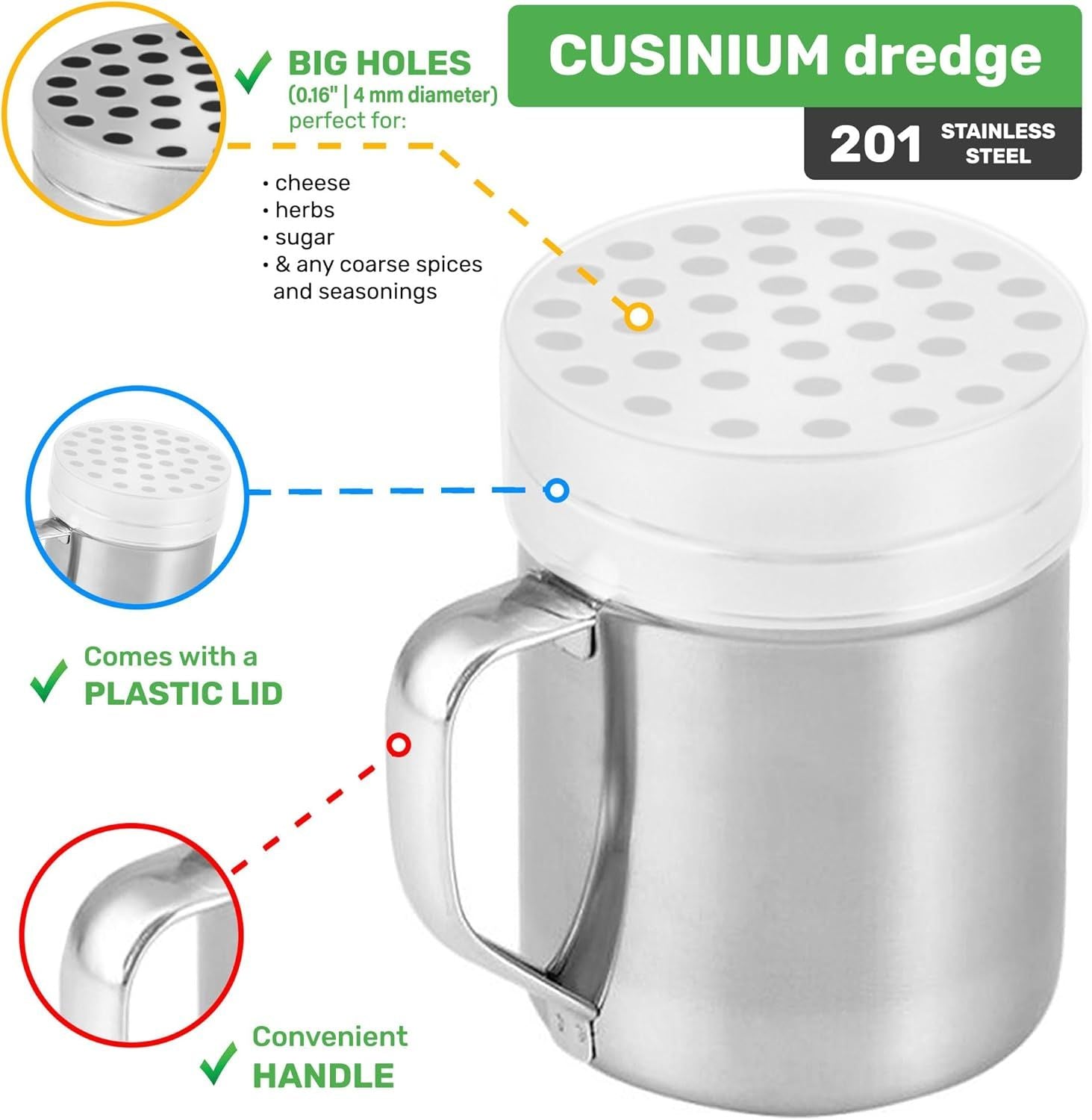 6 oz Powdered Sugar Shaker Duster + 6 oz Metal Parmesan Cheese Shaker (Large Holes) - All with Plastic Caps V1259-DP01-F-521