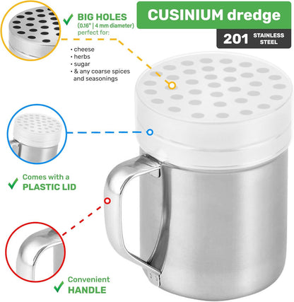 6 oz Powdered Sugar Shaker Duster + 6 oz Metal Parmesan Cheese Shaker (Large Holes) - All with Plastic Caps V1259-DP01-F-521