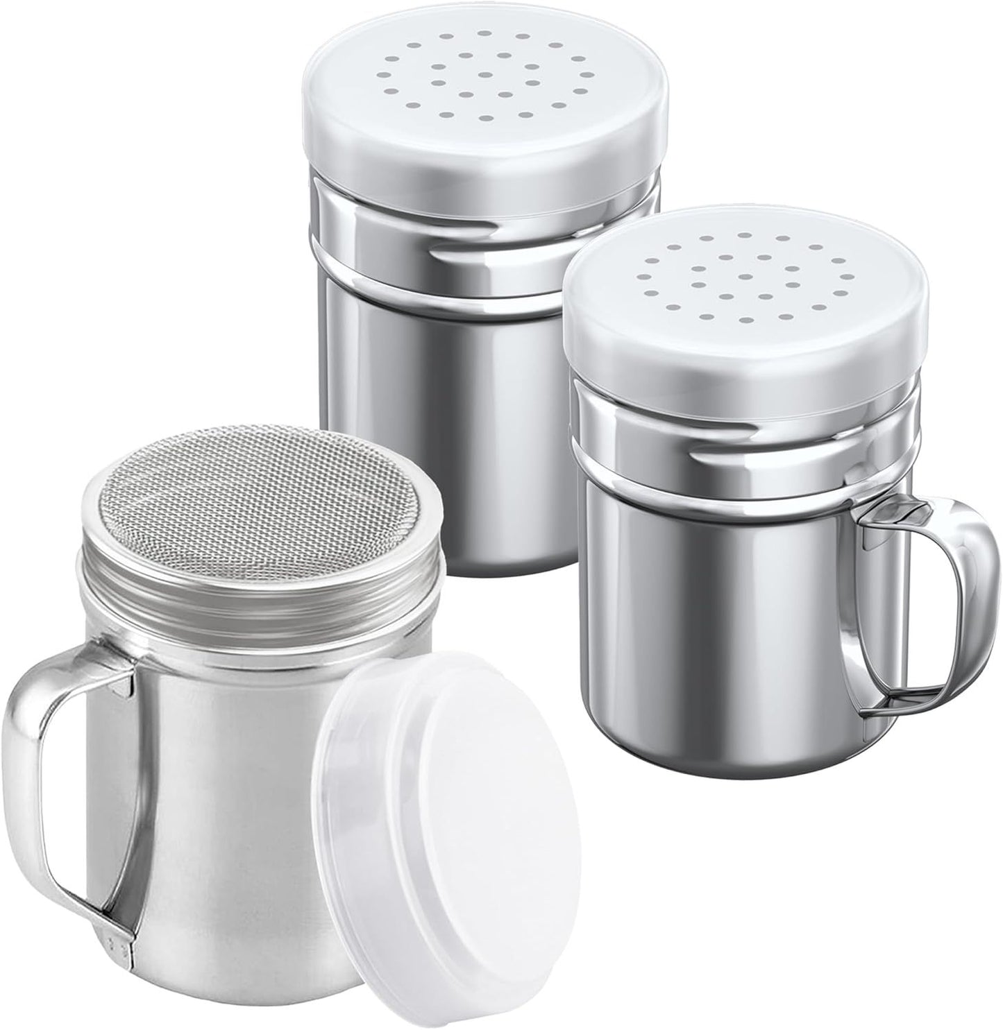 [1-pc] 6 oz Powdered Sugar Shaker Duster + [2-pcs] 6 oz Stainless Steel Salt Pepper Dredge Shakers - All with V1259-DP01-F-522