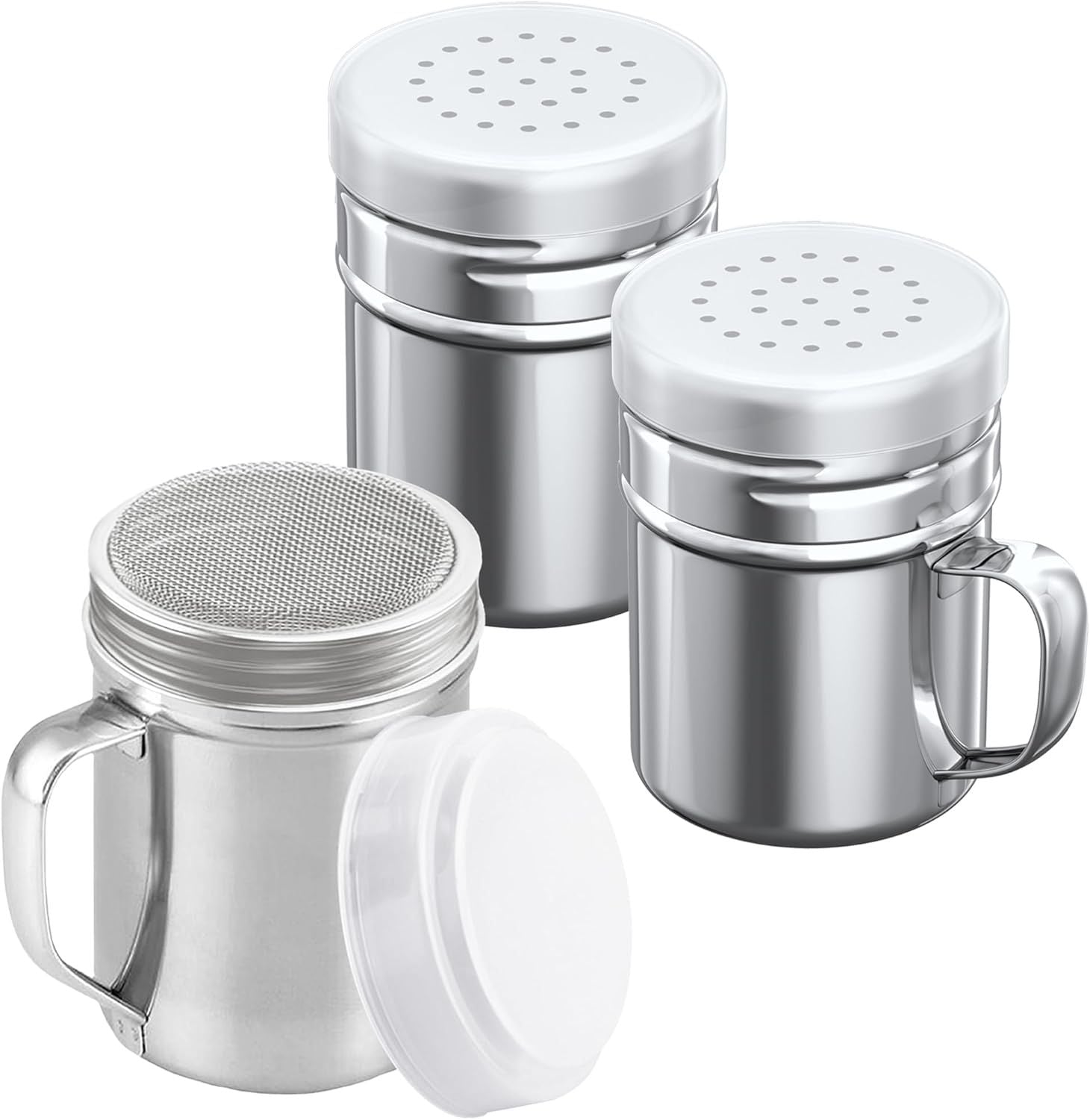 [1-pc] 6 oz Powdered Sugar Shaker Duster + [2-pcs] 6 oz Stainless Steel Salt Pepper Dredge Shakers - All with V1259-DP01-F-522