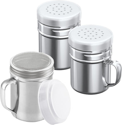 [1-pc] 6 oz Powdered Sugar Shaker Duster + [2-pcs] 6 oz Stainless Steel Salt Pepper Dredge Shakers - All with V1259-DP01-F-522