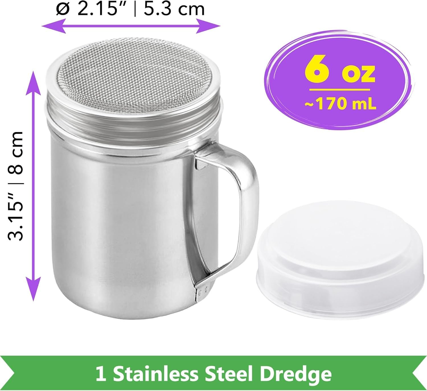 [1-pc] 6 oz Powdered Sugar Shaker Duster + [2-pcs] 6 oz Stainless Steel Salt Pepper Dredge Shakers - All with V1259-DP01-F-522
