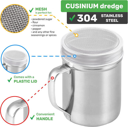 [1-pc] 6 oz Powdered Sugar Shaker Duster + [2-pcs] 6 oz Stainless Steel Salt Pepper Dredge Shakers - All with V1259-DP01-F-522
