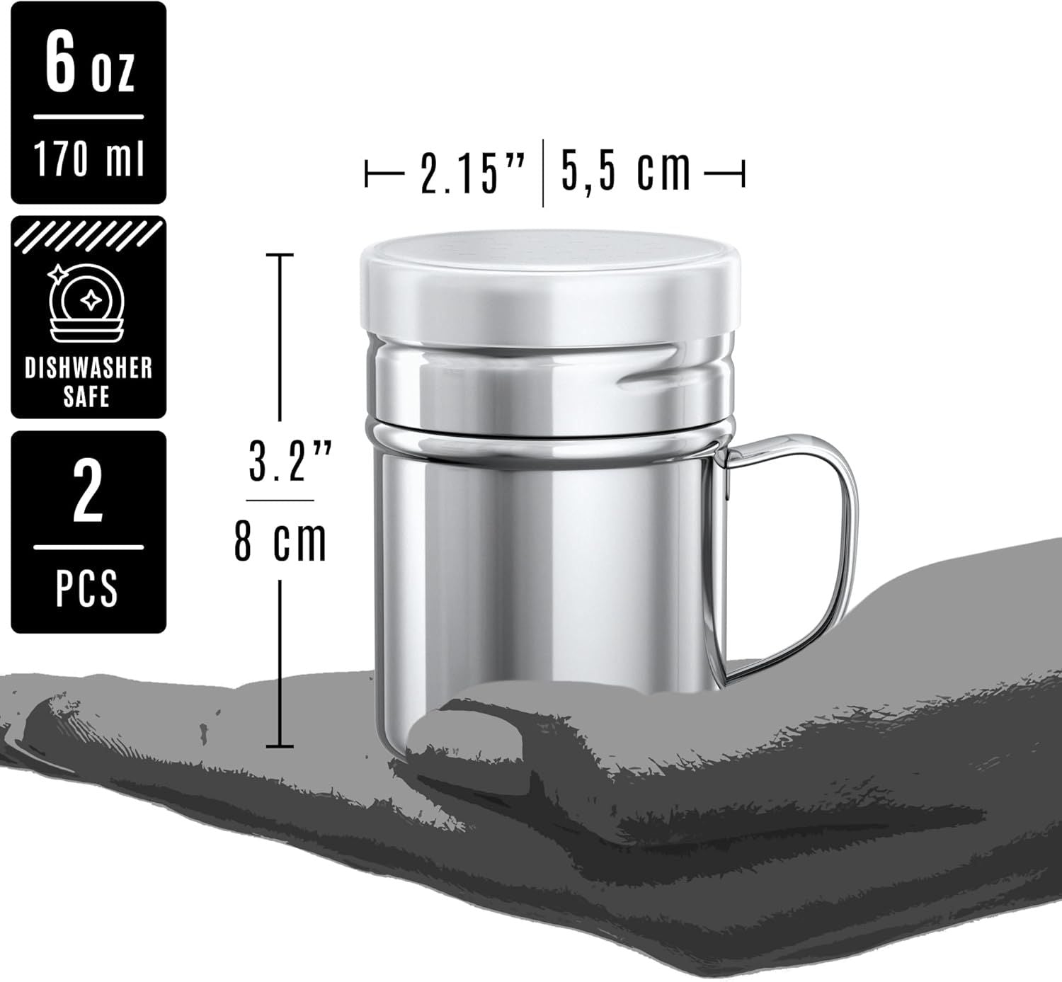 [1-pc] 6 oz Powdered Sugar Shaker Duster + [2-pcs] 6 oz Stainless Steel Salt Pepper Dredge Shakers - All with V1259-DP01-F-522
