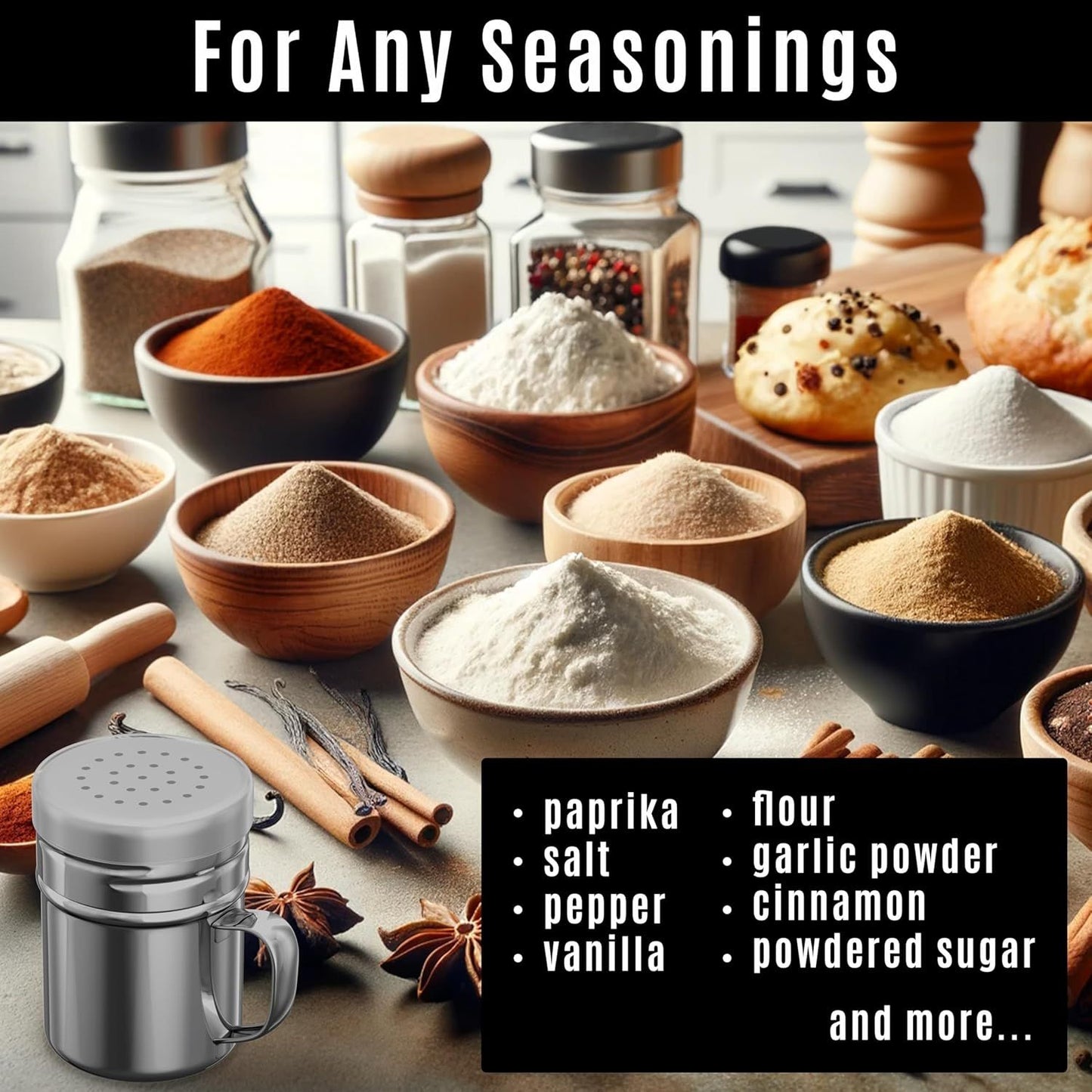 [1-pc] 6 oz Powdered Sugar Shaker Duster + [2-pcs] 6 oz Stainless Steel Salt Pepper Dredge Shakers - All with V1259-DP01-F-522