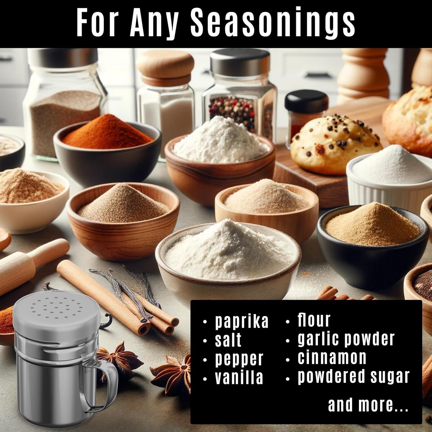 [1-pc] 6 oz Powdered Sugar Shaker Duster + [2-pcs] 6 oz Stainless Steel Salt Pepper Dredge Shakers - All with V1259-DP01-F-522