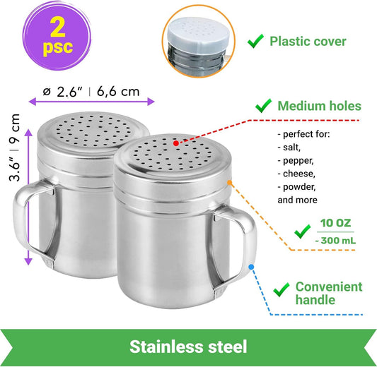 10 (2pcs) + 14oz o each Metal Salt Pepper Dredge + Parmesan Cheese Shakers - with Handles and Caps Bundle V1259-DP01-F-537