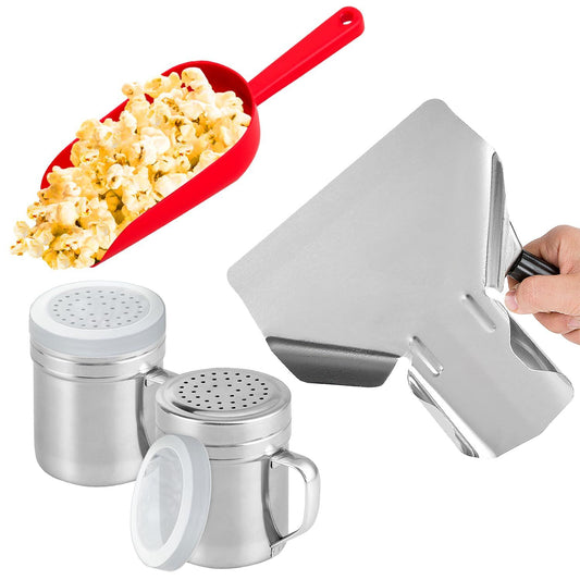 (12 + 16 oz) Metal + Red Plastic Concession Popcorn Scoop + 2-pcs 10 Ounce Salt Pepper Dredge Shakers (Medium V1259-DP01-F-538
