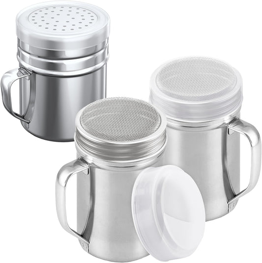 [2-pcs] 14oz Large Powdered Sugar Shakers (ine Mesh) + [1-pcs] 10oz Stainless Steel Salt Pepper Dredge Shaker V1259-DP01-F-545