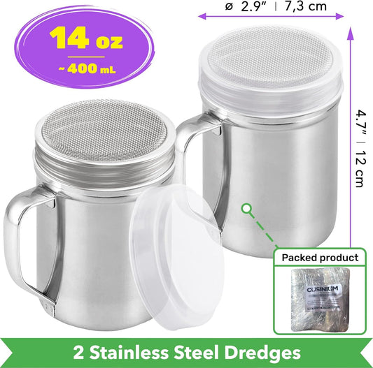 [2-pcs] 14oz Large Powdered Sugar Shakers (ine Mesh) + [1-pcs] 10oz Stainless Steel Salt Pepper Dredge Shaker V1259-DP01-F-545