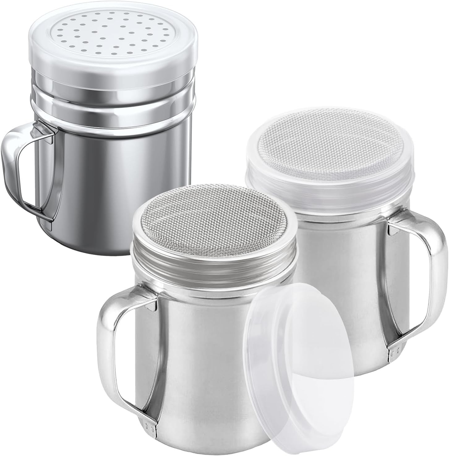 [2-pcs] 10oz Powdered Sugar Shakers (ine Mesh) + [1-pcs] 10oz Stainless Steel Salt Pepper Dredge Shaker - V1259-DP01-F-547