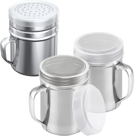 [2-pcs] 10oz Powdered Sugar Shakers (ine Mesh) + [1-pcs] 10oz Stainless Steel Salt Pepper Dredge Shaker - V1259-DP01-F-547