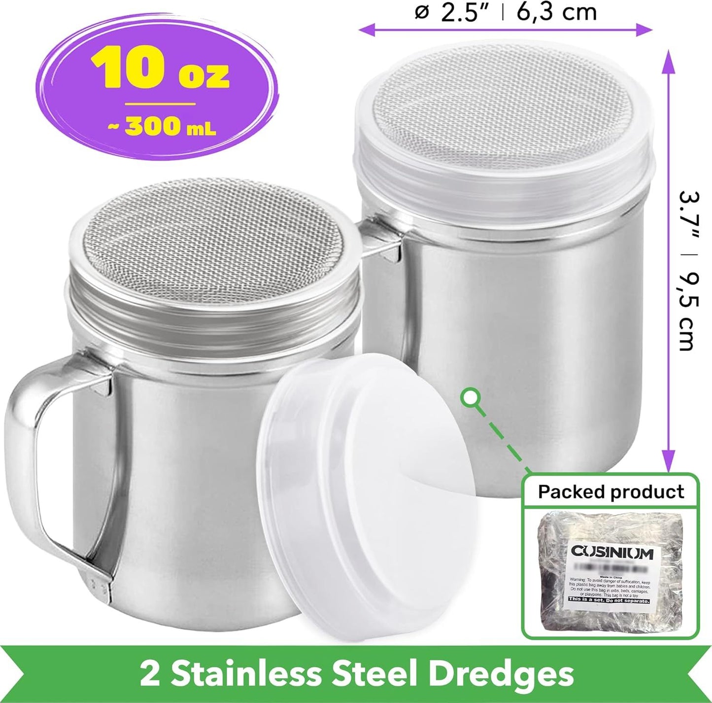 [2-pcs] 10oz Powdered Sugar Shakers (ine Mesh) + [1-pcs] 10oz Stainless Steel Salt Pepper Dredge Shaker - V1259-DP01-F-547