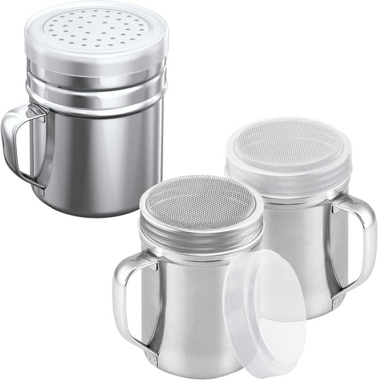[2-pcs] 6oz Powdered Sugar Shakers (ine Mesh) + [1-pcs] 10oz Stainless Steel Salt Pepper Dredge Shaker - with V1259-DP01-F-549