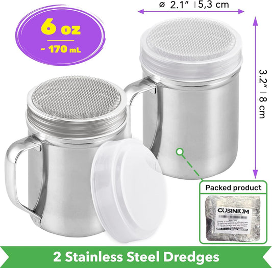 [2-pcs] 6oz Powdered Sugar Shakers (ine Mesh) + [1-pcs] 10oz Stainless Steel Salt Pepper Dredge Shaker - with V1259-DP01-F-549
