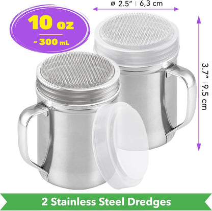[2-pack] 10oz Metal Cheese Shaker with Large Holes, [2-pack] 10oz Powdered Sugar Shaker with ine Mesh - With V1259-DP01-F-552