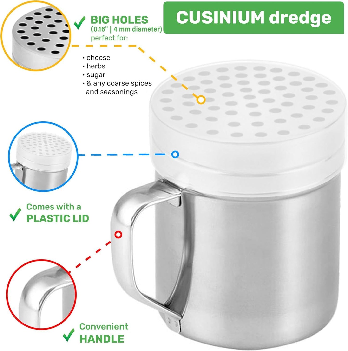 [2-pack] 10oz Metal Cheese Shaker with Large Holes, [2-pack] 10oz Powdered Sugar Shaker with ine Mesh - With V1259-DP01-F-552