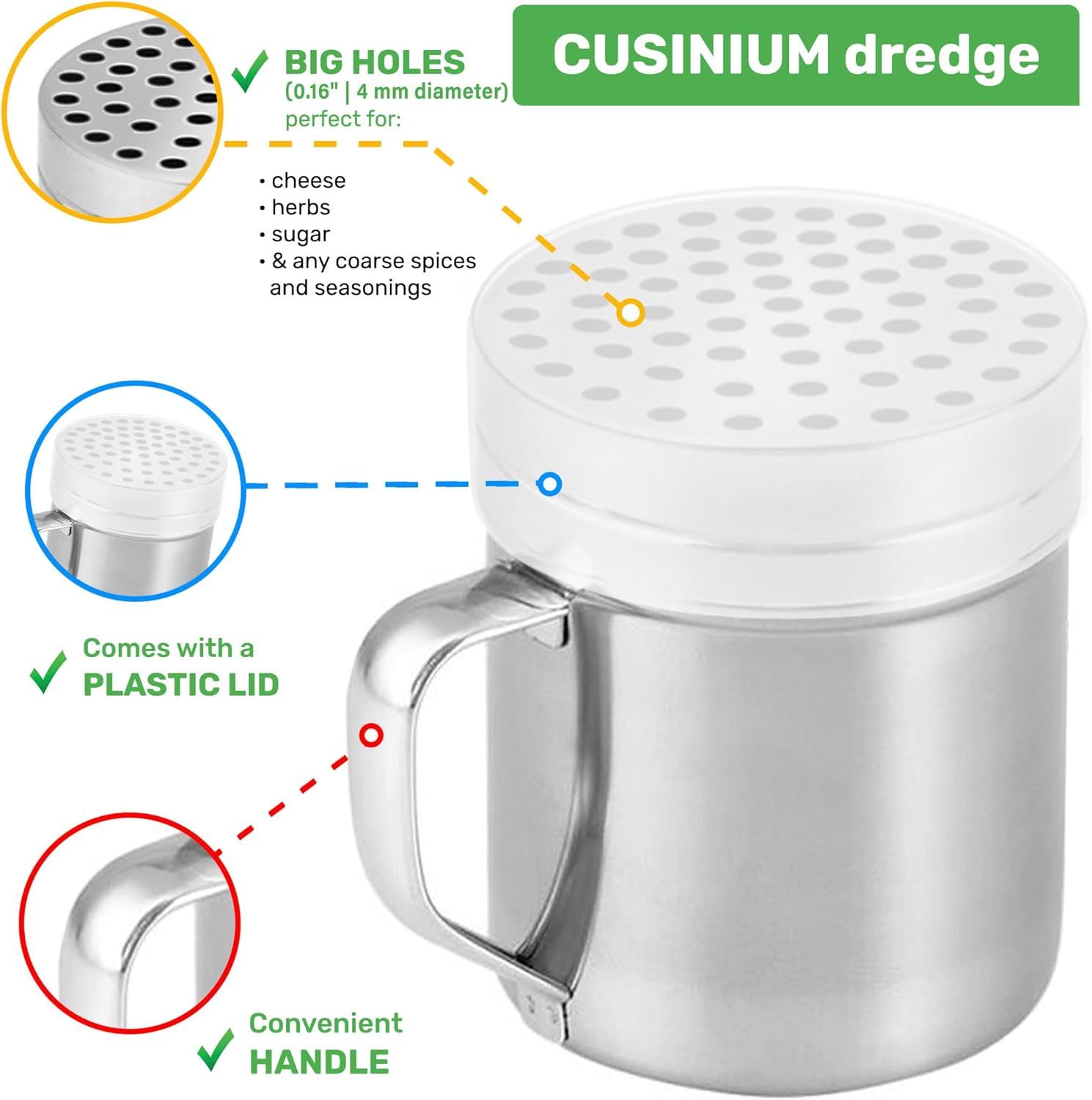 [2-pack] 10oz Metal Cheese Shaker with Large Holes, [2-pack] 10oz Powdered Sugar Shaker with ine Mesh - With V1259-DP01-F-552