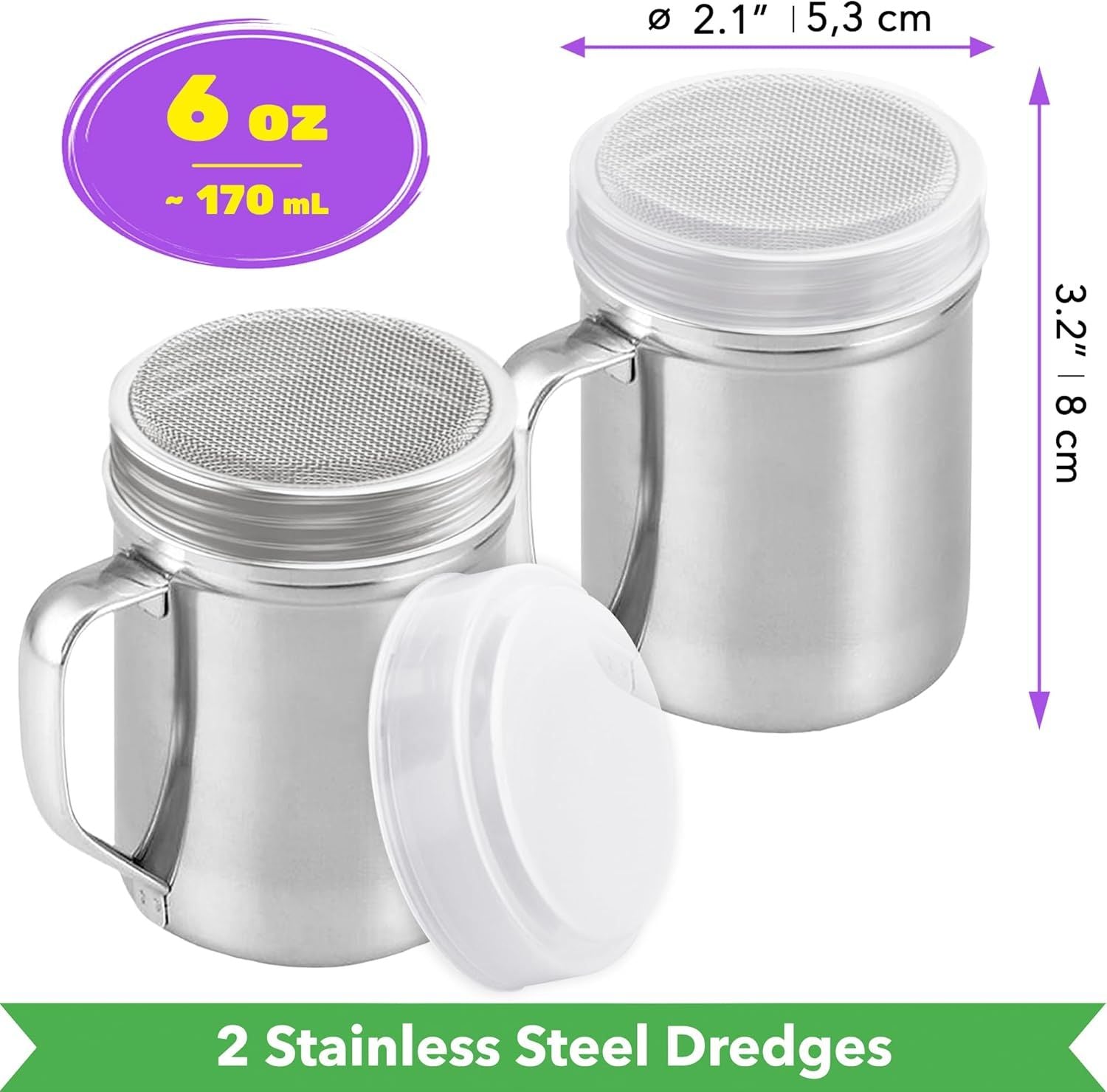 [2-pack] 6oz Powdered Shaker with ine Mesh, [2-pack] 10oz Metal Parmesan Cheese Shaker with Large Holes - V1259-DP01-F-554