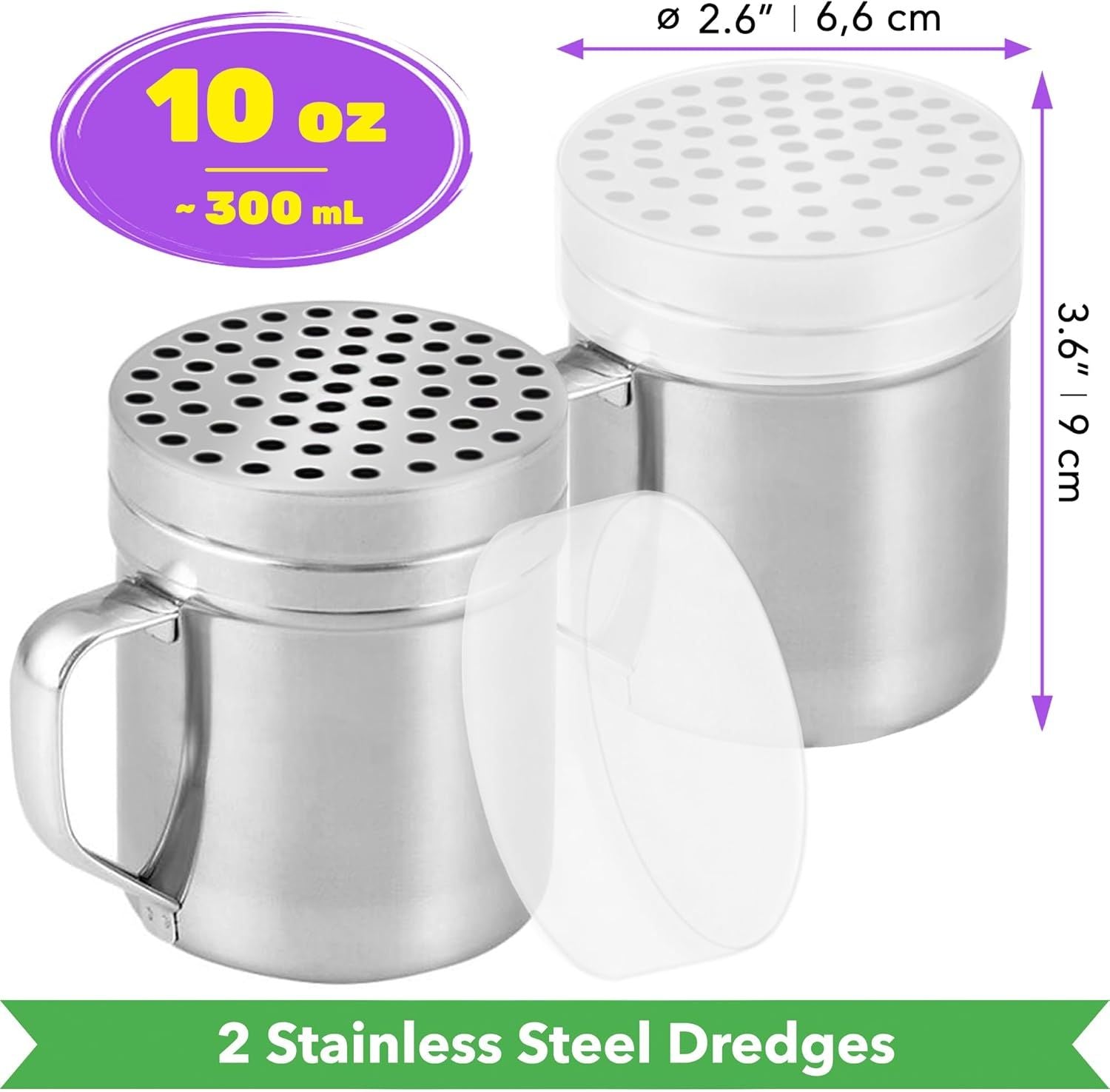 [2-pack] 6oz Powdered Shaker with ine Mesh, [2-pack] 10oz Metal Parmesan Cheese Shaker with Large Holes - V1259-DP01-F-554