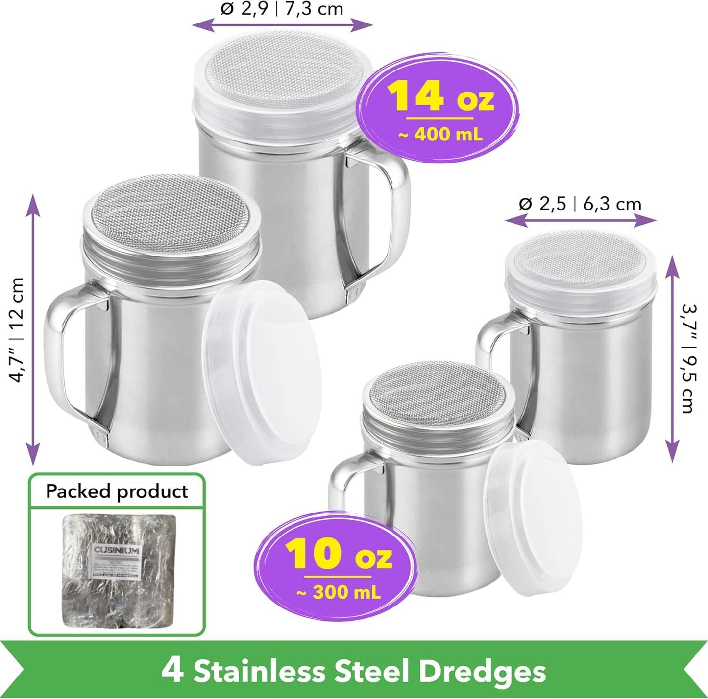 [2-pack] 10 Oz + [2-pack] 14 Oz ine Mesh Shakers With Handle and Lids V1259-DP01-F-555