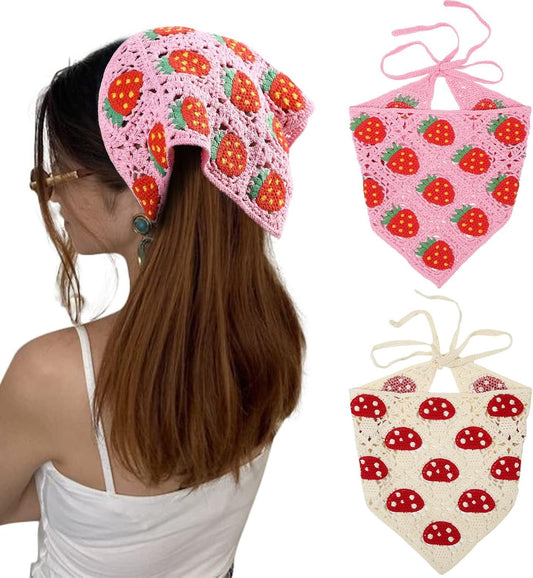 Crochet Bandana Head Kerchie Hair Scar 2Pcs Knitted Scarves Tie Bcak loral Headwrap or Women Girls V1259-DP01-F-564
