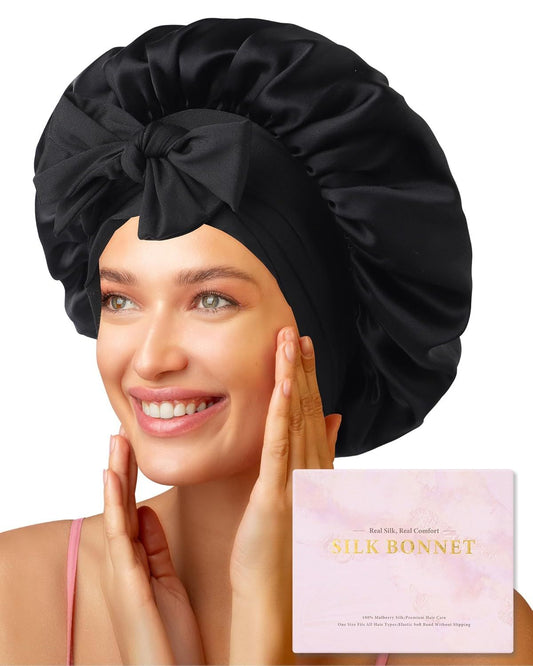 100% Mulberry Silk Hair Bonnet or Women Sleeping with Tie Band 19 Momme Silk Sleep Cap Night (US, Alpha, One V1259-DP01-F-566