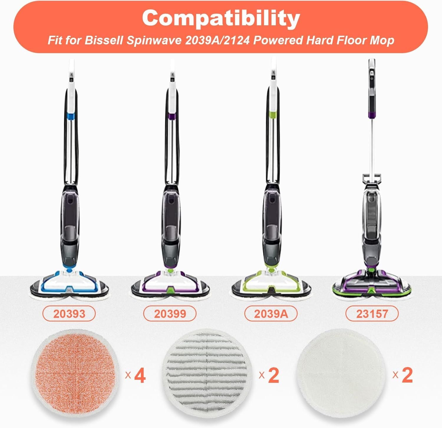 Spinwave Mop Pads Replacement Set Compatible with Bissell Spinwave 2039A 2124: 4 Heavy Scrub Pads, 2 Sot V1259-DP01-F-597