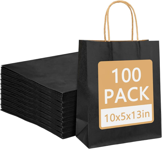 Moretoes 100pcs Paper Gift Bags 10x5x13 Inches Black Kraft Paper Bags with Handles Bulk for Shopping, Retail, V1259-DP01-F-60