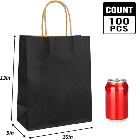 Moretoes 100pcs Paper Gift Bags 10x5x13 Inches Black Kraft Paper Bags with Handles Bulk for Shopping, Retail, V1259-DP01-F-60