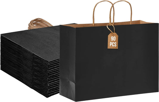 Moretoes 90pcs Black Gift Bags, 16x6x12 Inch Large Paper Bags with Handles Bulk for Boutiques, Grocery, Small V1259-DP01-F-61