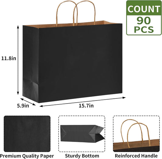 Moretoes 90pcs Black Gift Bags, 16x6x12 Inch Large Paper Bags with Handles Bulk for Boutiques, Grocery, Small V1259-DP01-F-61