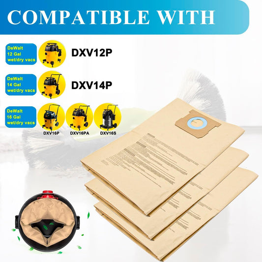 12 Pack DXVA19-4102 Dust Bags or DEWALT 12-16 Gallon Wet Dry Vacuum, Compatible with DXV12P DXV14P DXV16P V1259-DP01-F-612