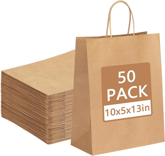 Moretoes 50pcs Brown Kraft Paper Bags - 10x5x13 Inches, Handles, Bulk - Retail & Shopping Bags for Birthday & V1259-DP01-F-62