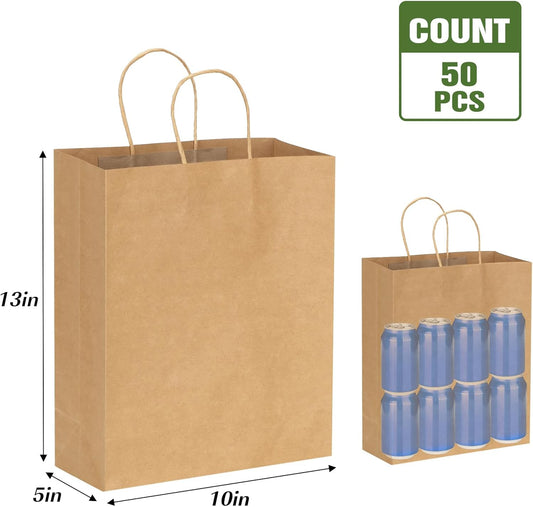 Moretoes 50pcs Brown Kraft Paper Bags - 10x5x13 Inches, Handles, Bulk - Retail & Shopping Bags for Birthday & V1259-DP01-F-62