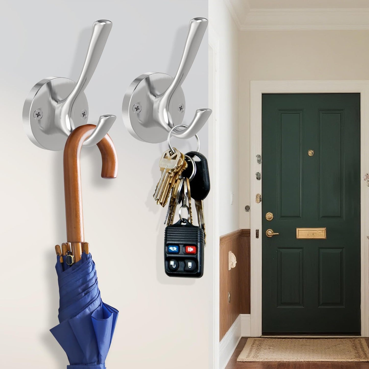 Brushed Nickel Wall Hooks Towel Hooks, 2 Pack Coat Robe Hook Heavy Duty Bathroom Double Hook Wall Mounted, V1259-DP01-F-65
