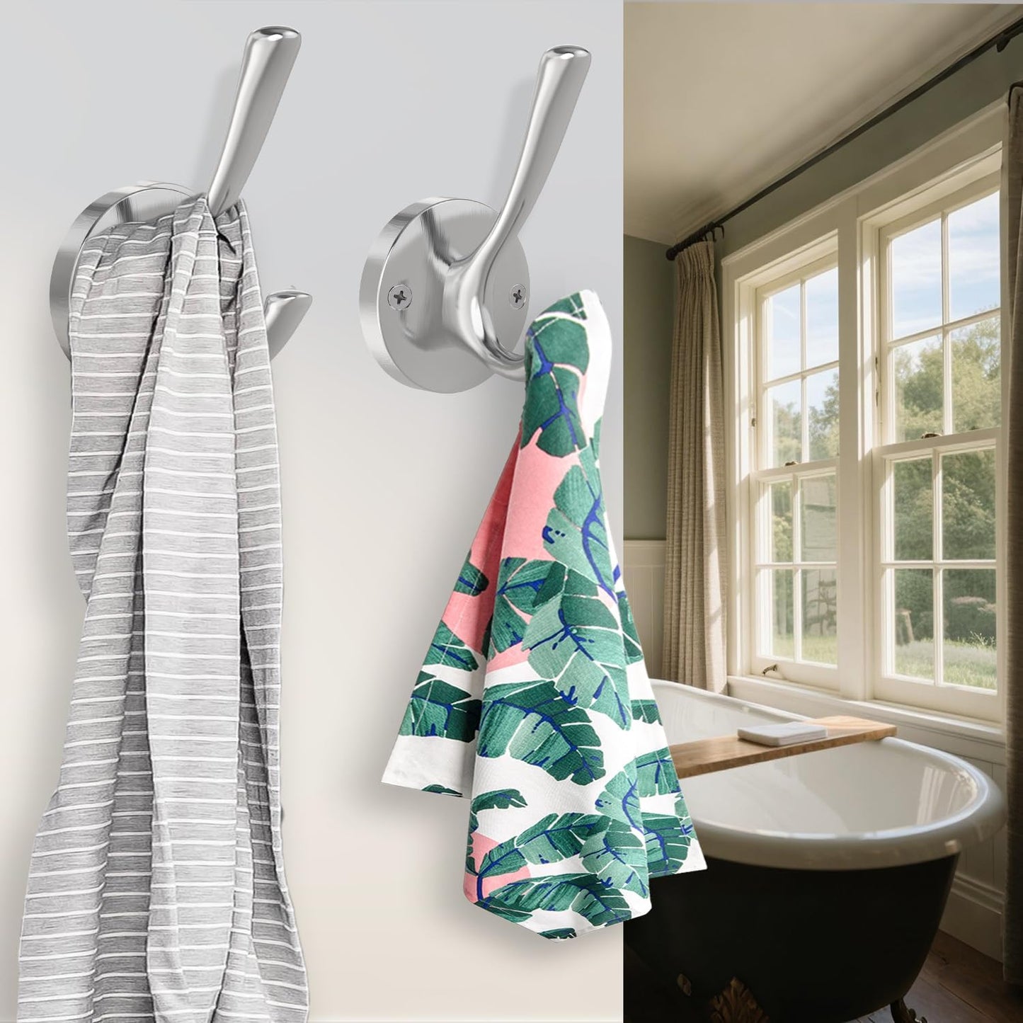 Brushed Nickel Wall Hooks Towel Hooks, 2 Pack Coat Robe Hook Heavy Duty Bathroom Double Hook Wall Mounted, V1259-DP01-F-65