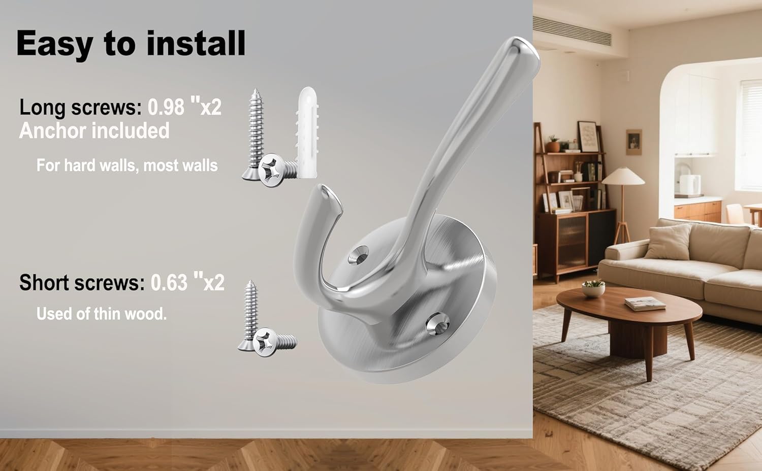 Brushed Nickel Wall Hooks Towel Hooks, 2 Pack Coat Robe Hook Heavy Duty Bathroom Double Hook Wall Mounted, V1259-DP01-F-65